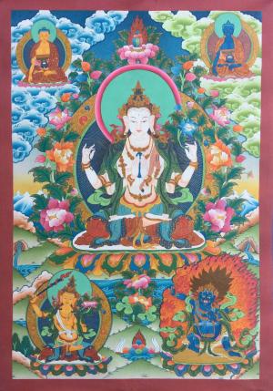 Avalokitesvara Chengrezig Thangka Flanked By Other Bodhisattva | Wall Decoration Painting | Art Painting for Meditation & Good Luck to house